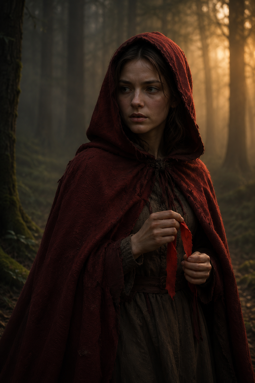 Caperucita Roja con su capa roja en el bosque