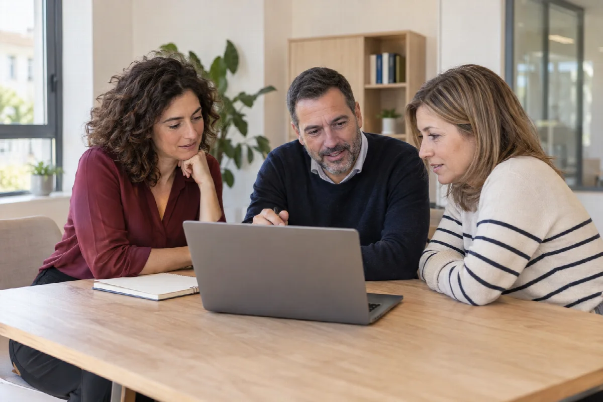 Tres profesionales revisan información juntos en un portátil.